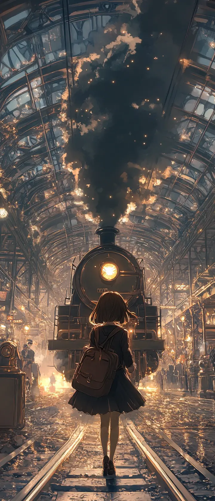 Anime girl at dawn in a Victorian train station