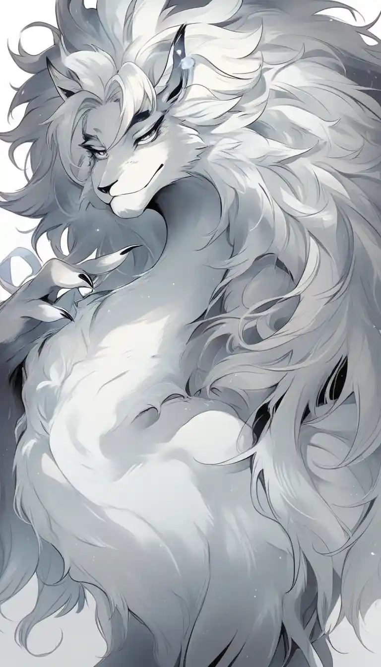 Cartoon fantasy creature with lush mane in soft gray tones