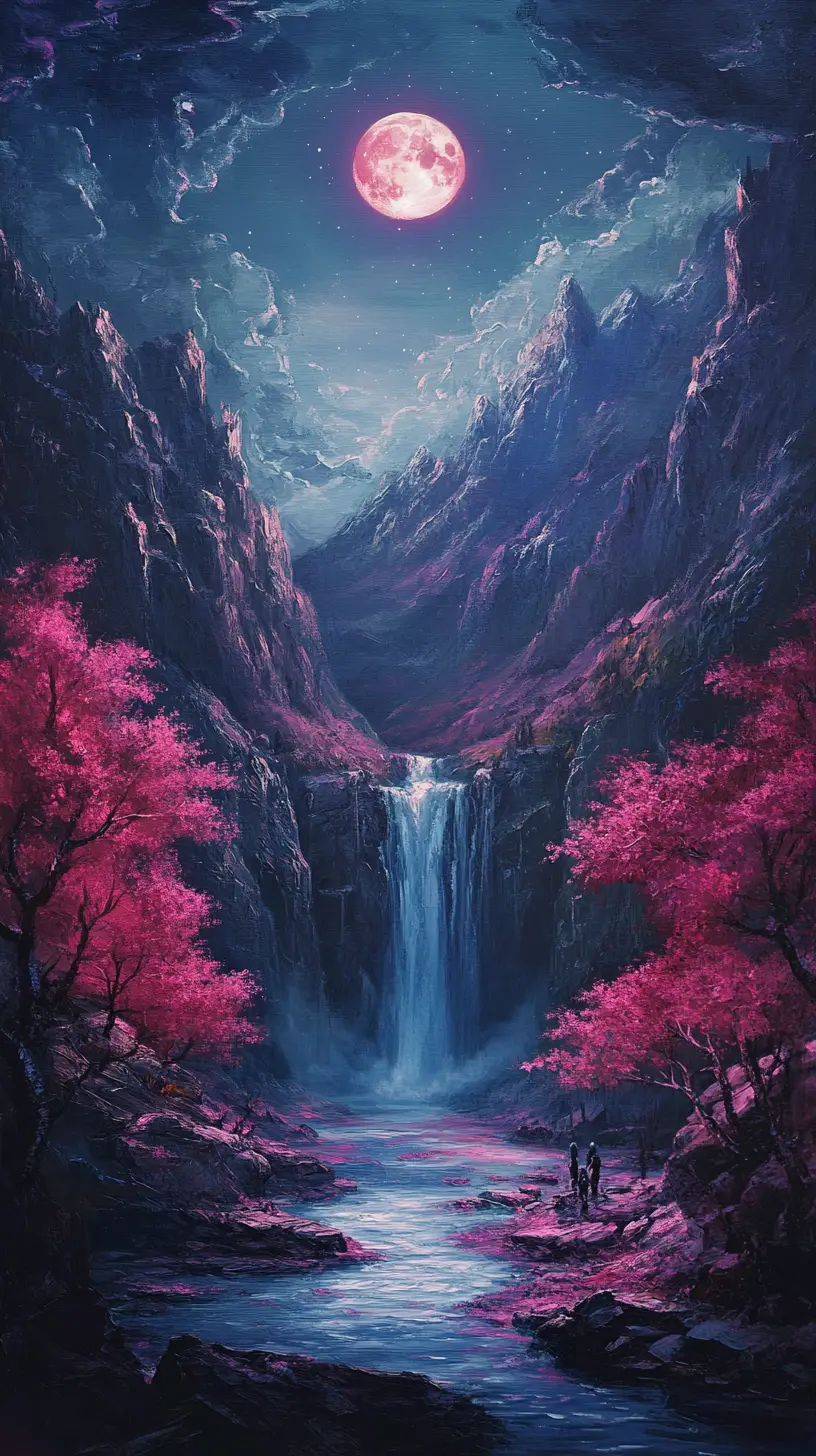 Moonlit fantasy waterfall landscape with glowing pink trees