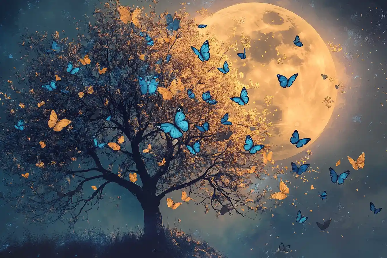 Fantasy tree with blue and golden butterflies and moon