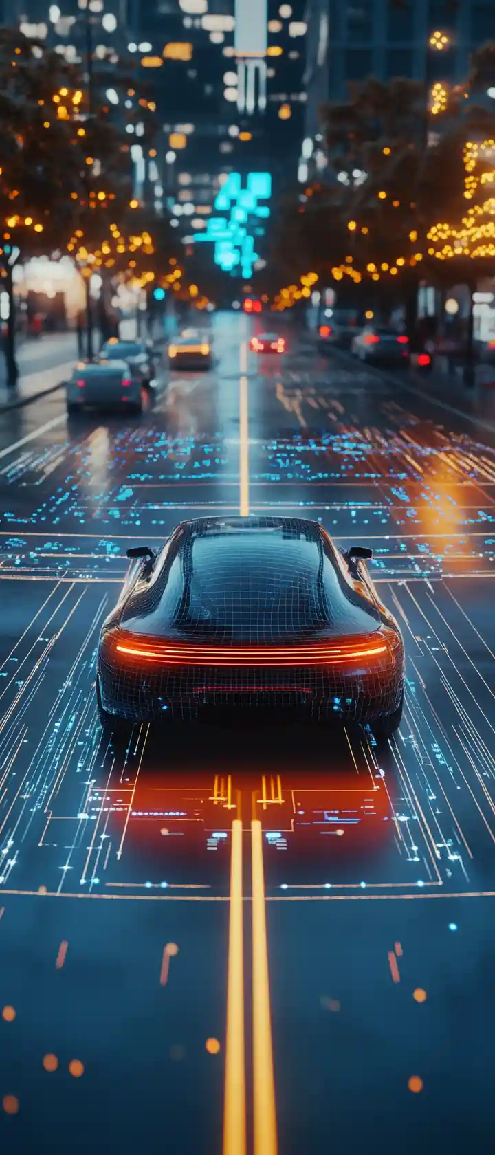 Self driving car on modern city street at golden hour