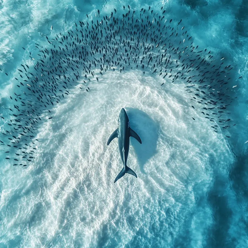 Great white shark swimming through school of fish