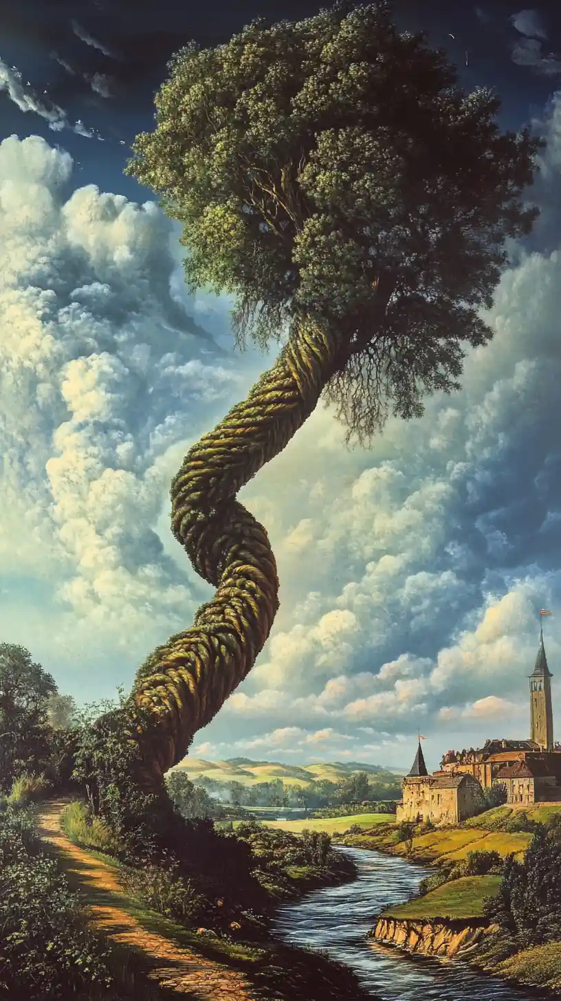 Surreal optical illusion scene with braided forms