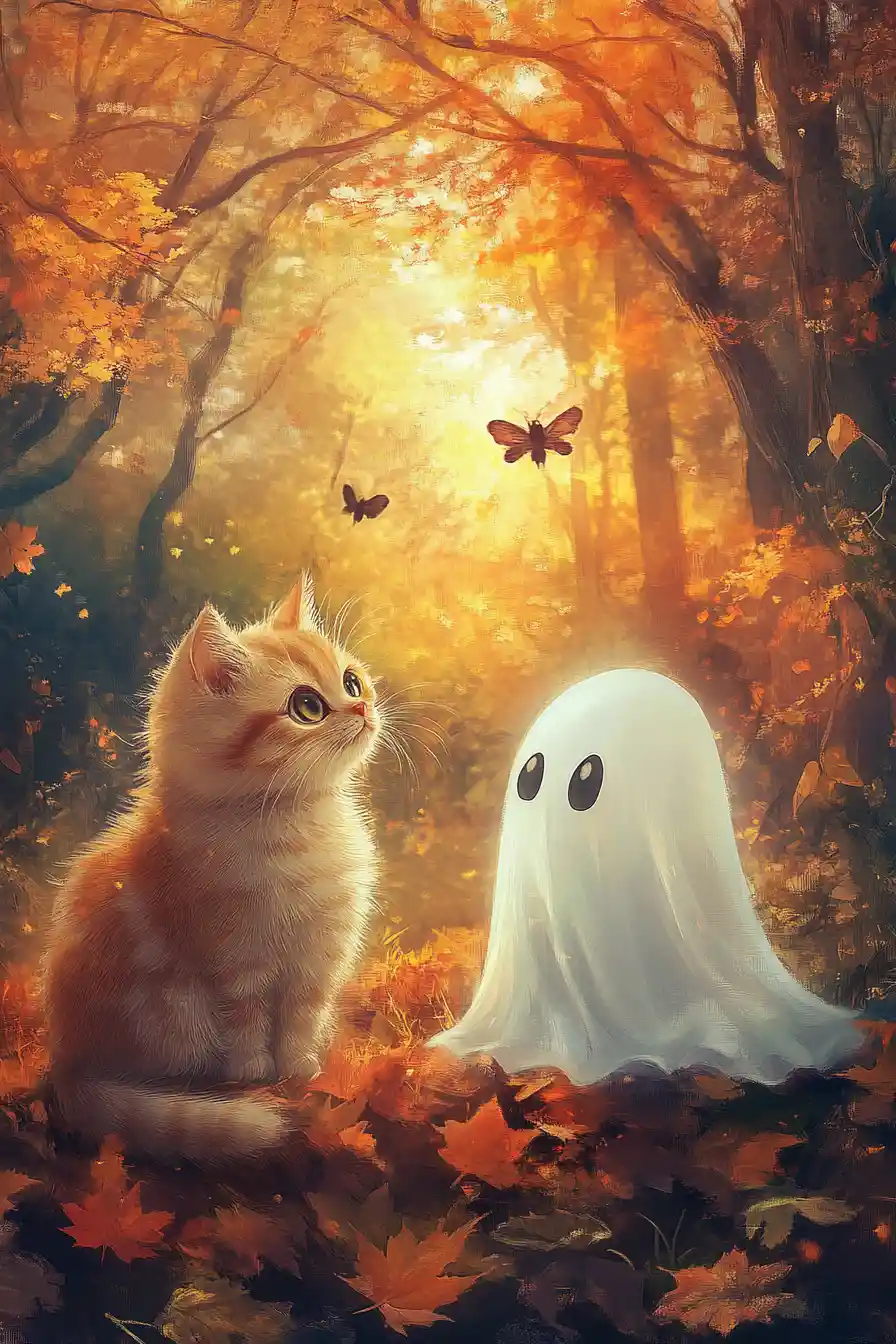 Adorable cat and ghost friends in a whimsical halloween scene