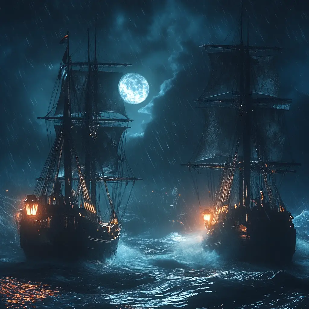 Tall ships battling a stormy ocean under moonlight
