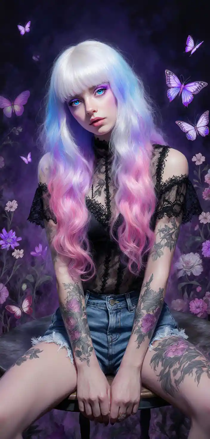 Boho gothic woman with luminous pastel hair portrait
