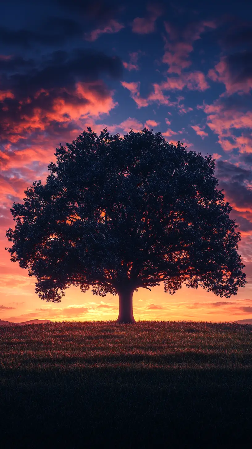 Majestic lone tree in a sunset meadow landscape