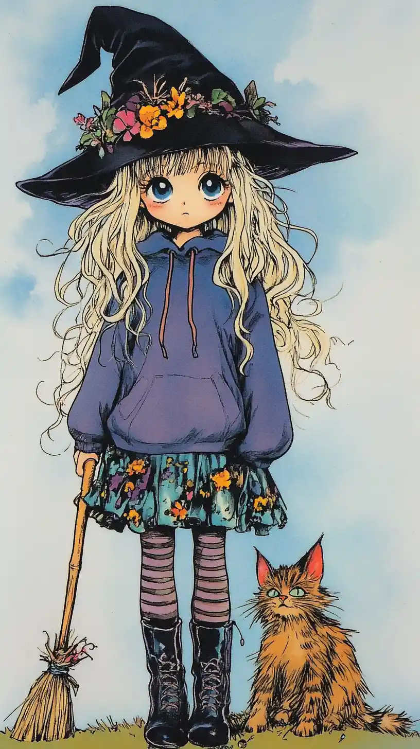 Whimsical girl with broom and cat character illustration