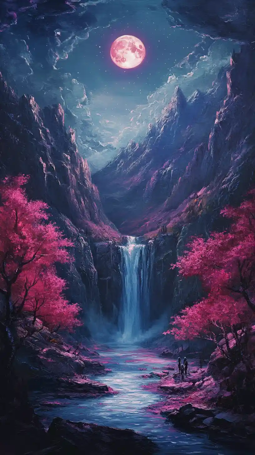 Paisagem fantástica de cachoeira ao luar com árvores rosa brilhantes