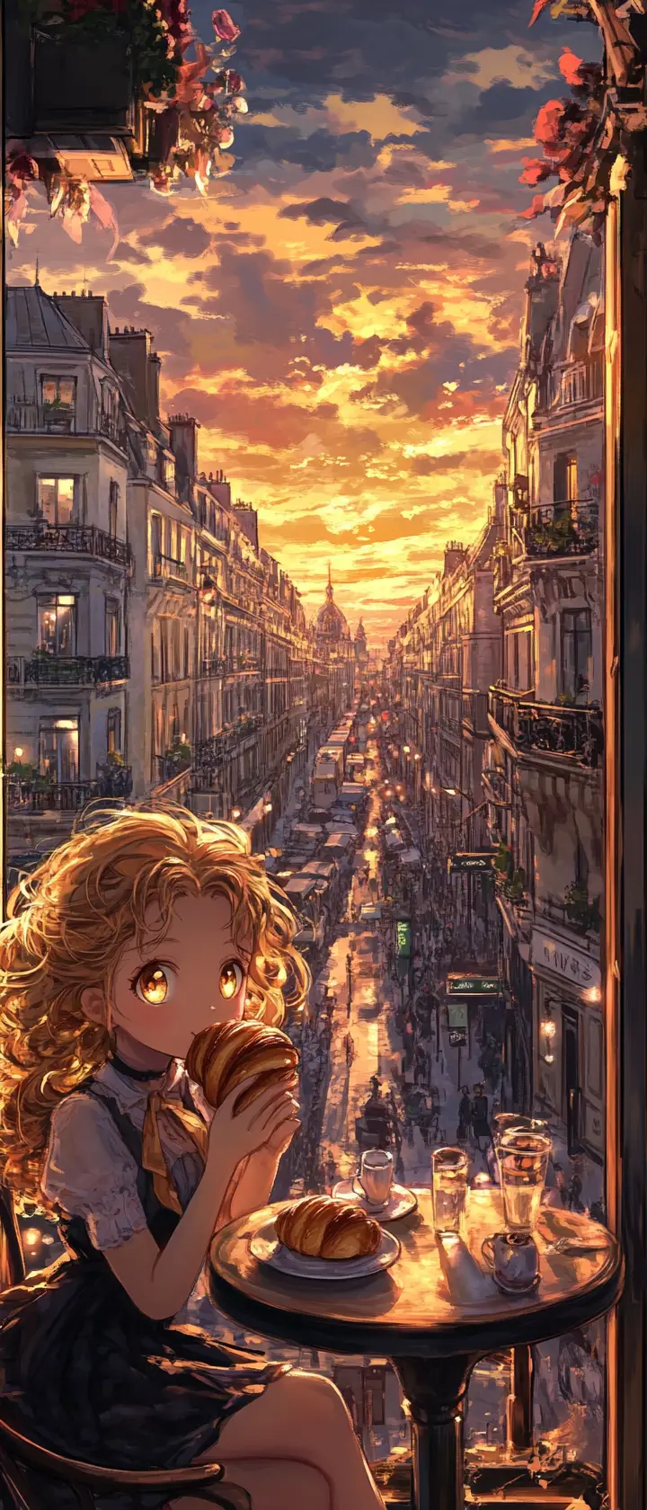Anime girl enjoying breakfast at a sunny Parisian cafe