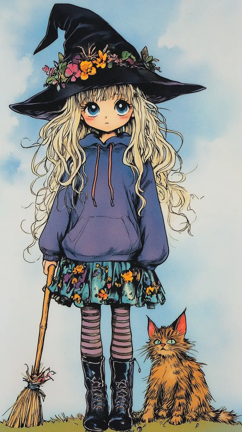 Whimsical girl with broom and cat character illustration