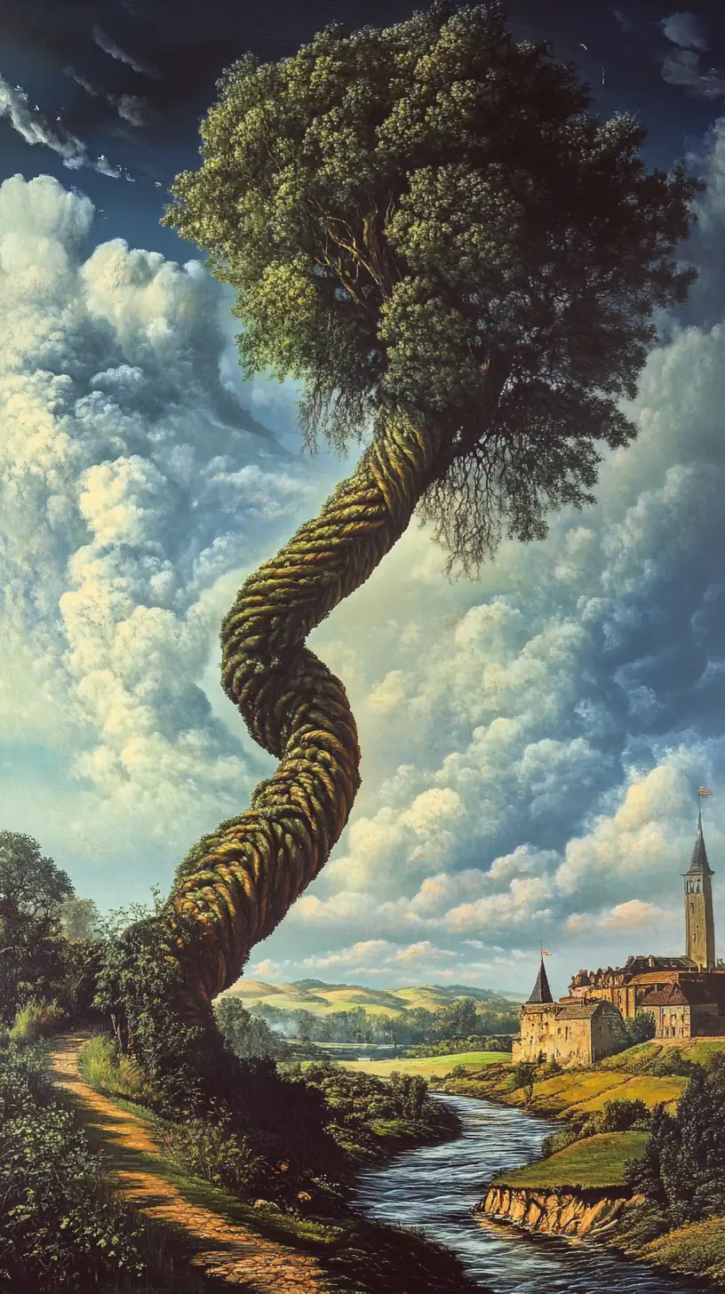 Surreal optical illusion scene with braided forms