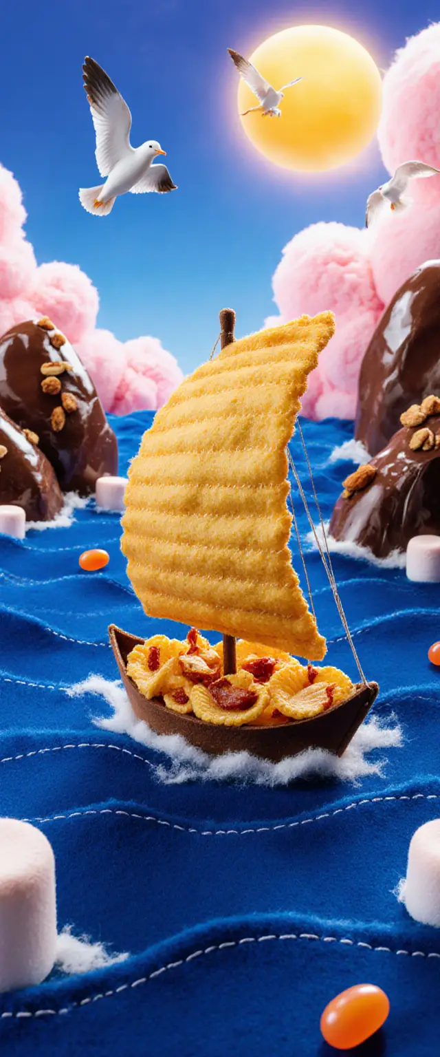 Anime sailboat made of potato chips on felt ocean