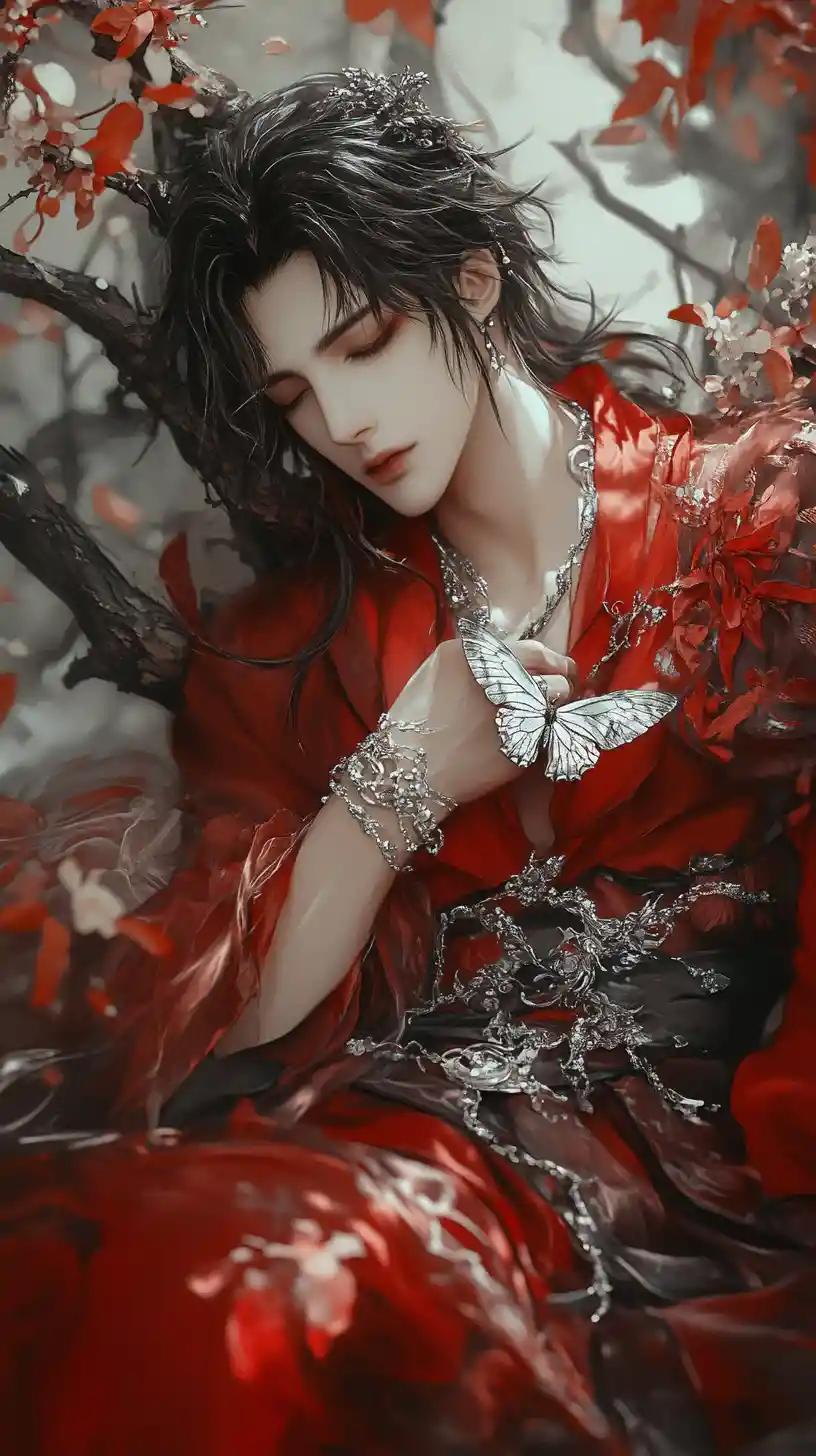 Elegant anime man with silver butterfly on tree branch