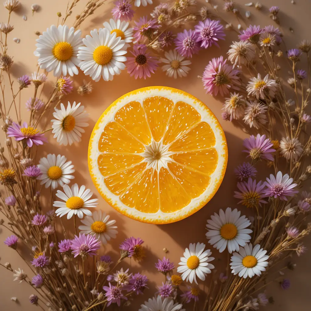 Halved orange with wildflowers on warm cream background