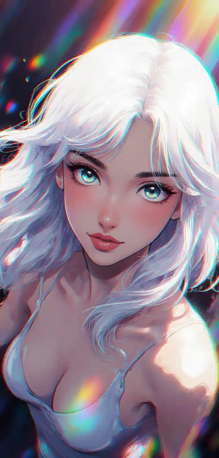 Anime neon portrait of a white haired italian woman