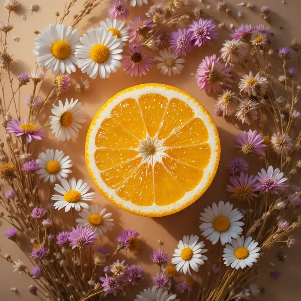 Halved orange with wildflowers on warm cream background