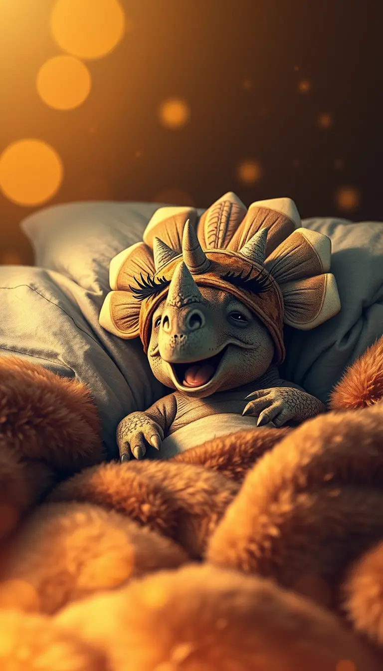 Baby triceratops resting in bed under warm ambient light