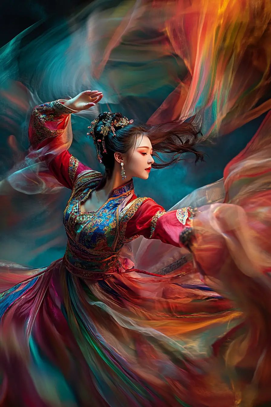 Young woman dancing in traditional chinese dress under moonlight