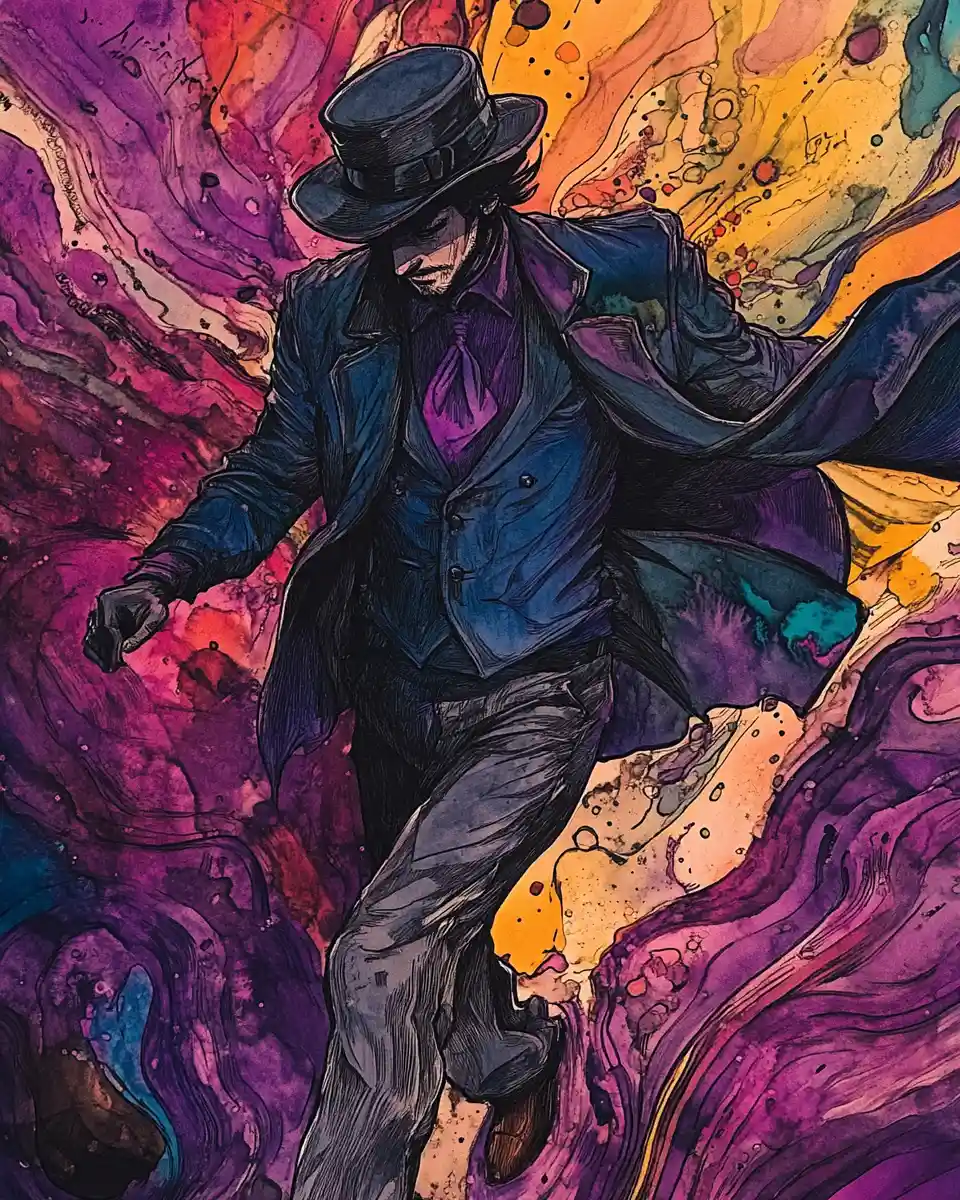 Steampunk man in dark blue suit and grey trench coat