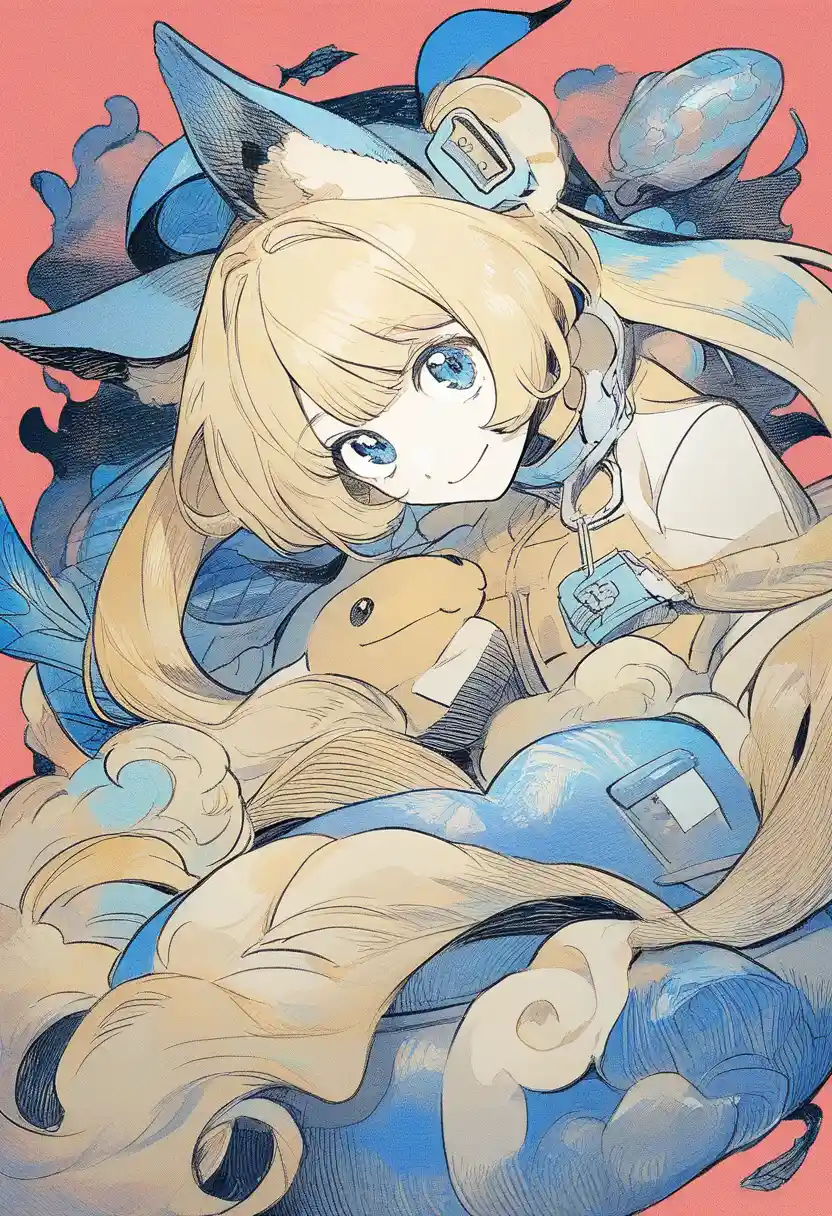Anime girl with animal ears and blue fish tail