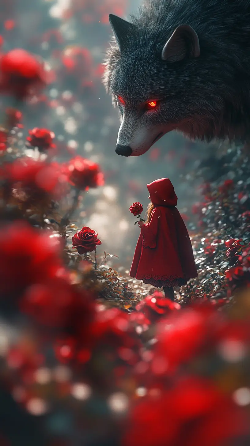 Little red riding hood girl in a whimsical forest