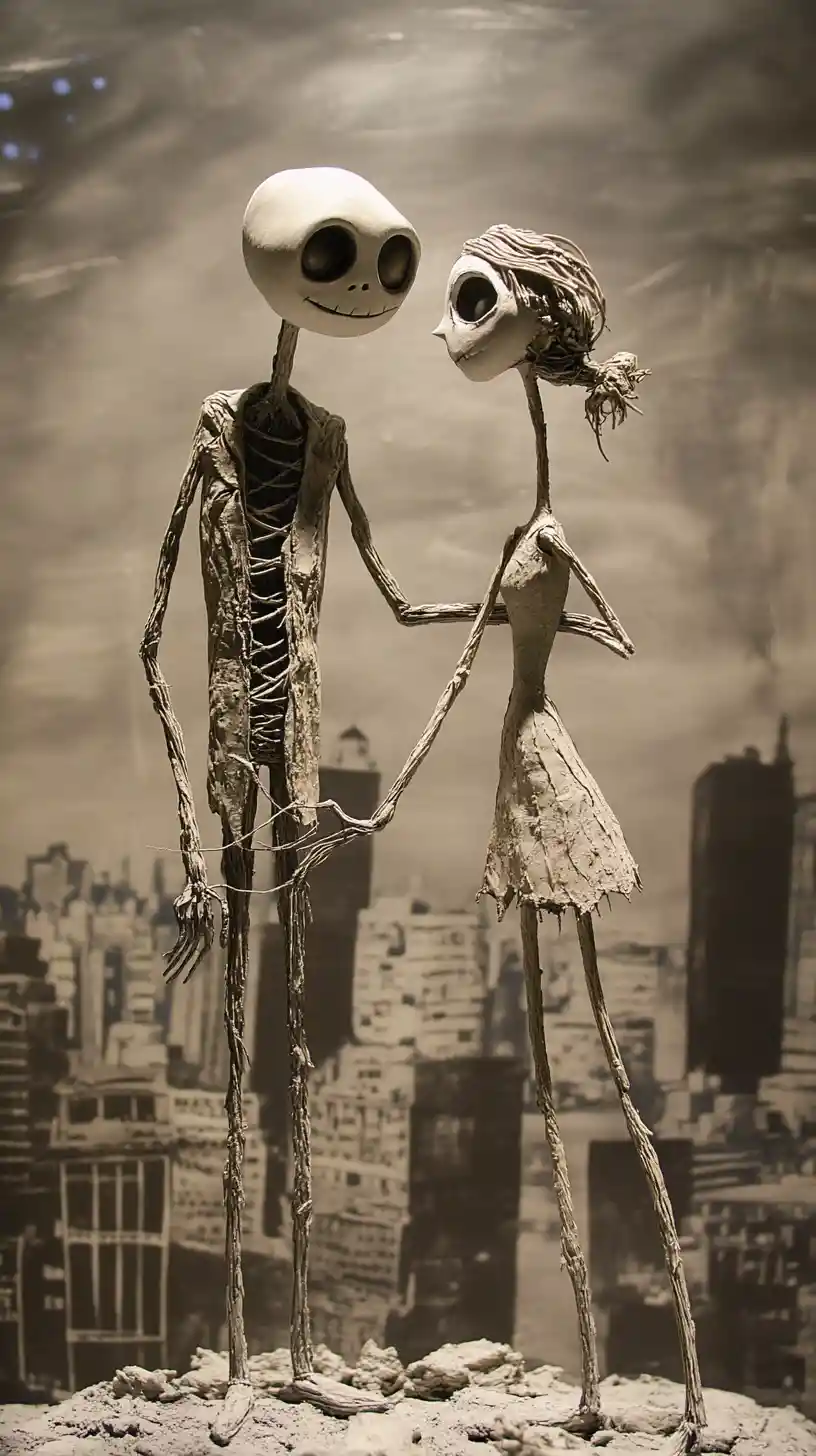 Elongated claymation couple in a twisted urban cityscape