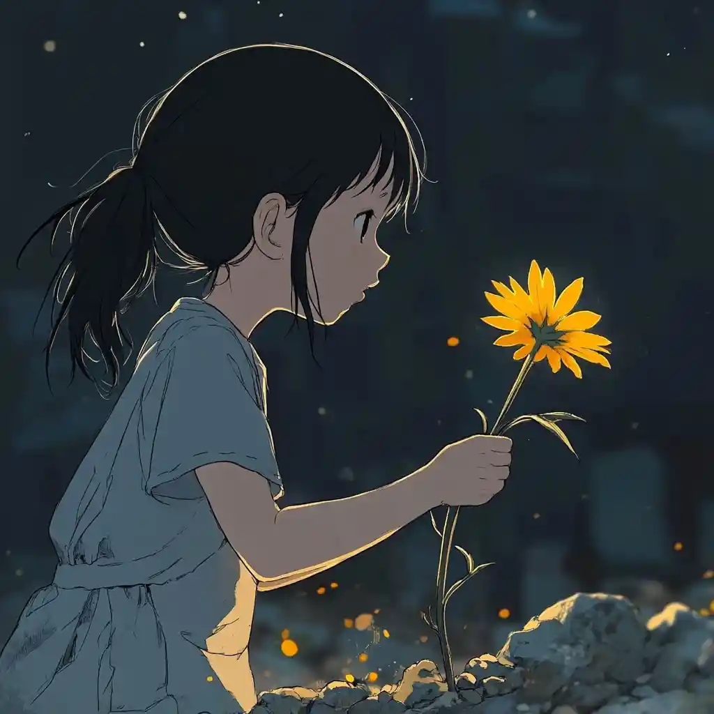 Little anime girl watering a lone yellow flower