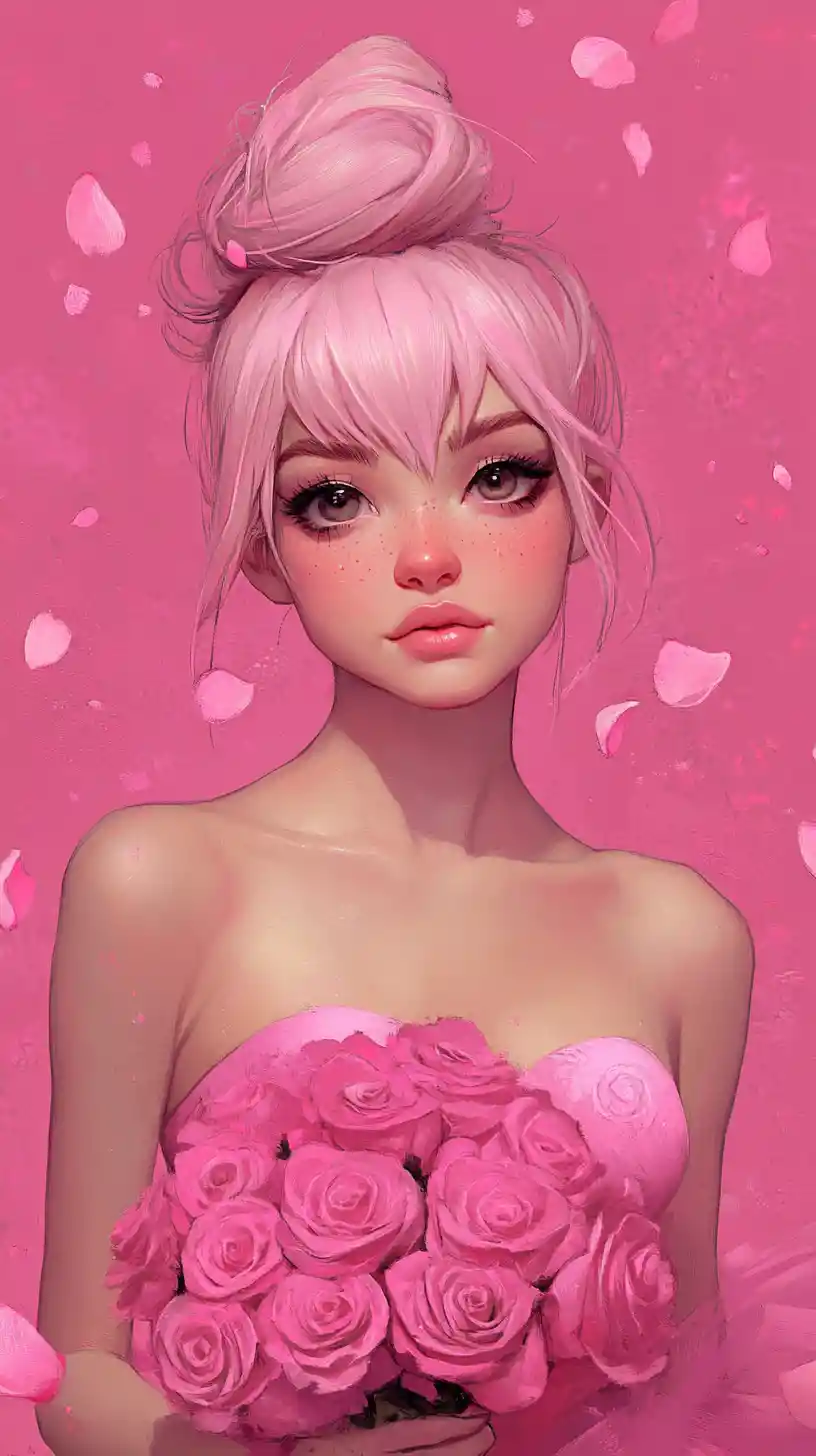 Pink haired anime girl in strapless dress with roses