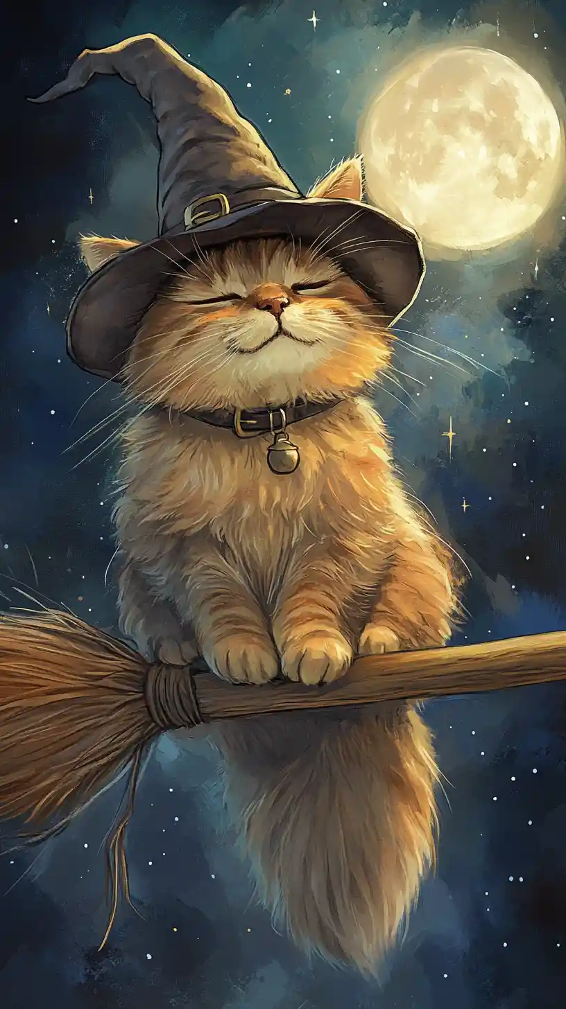 Watercolor cat witch flying on a broom at night