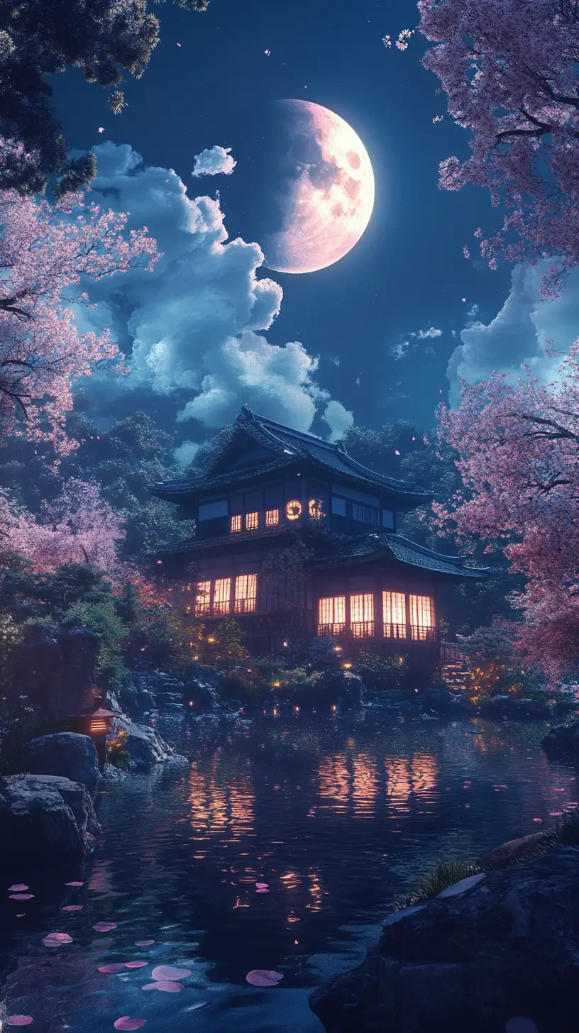 Japanese Garden House Reflected In Moonlit Night Pond