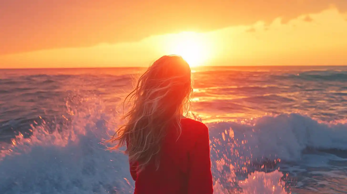 Woman watching sunrise on a serene ocean beach