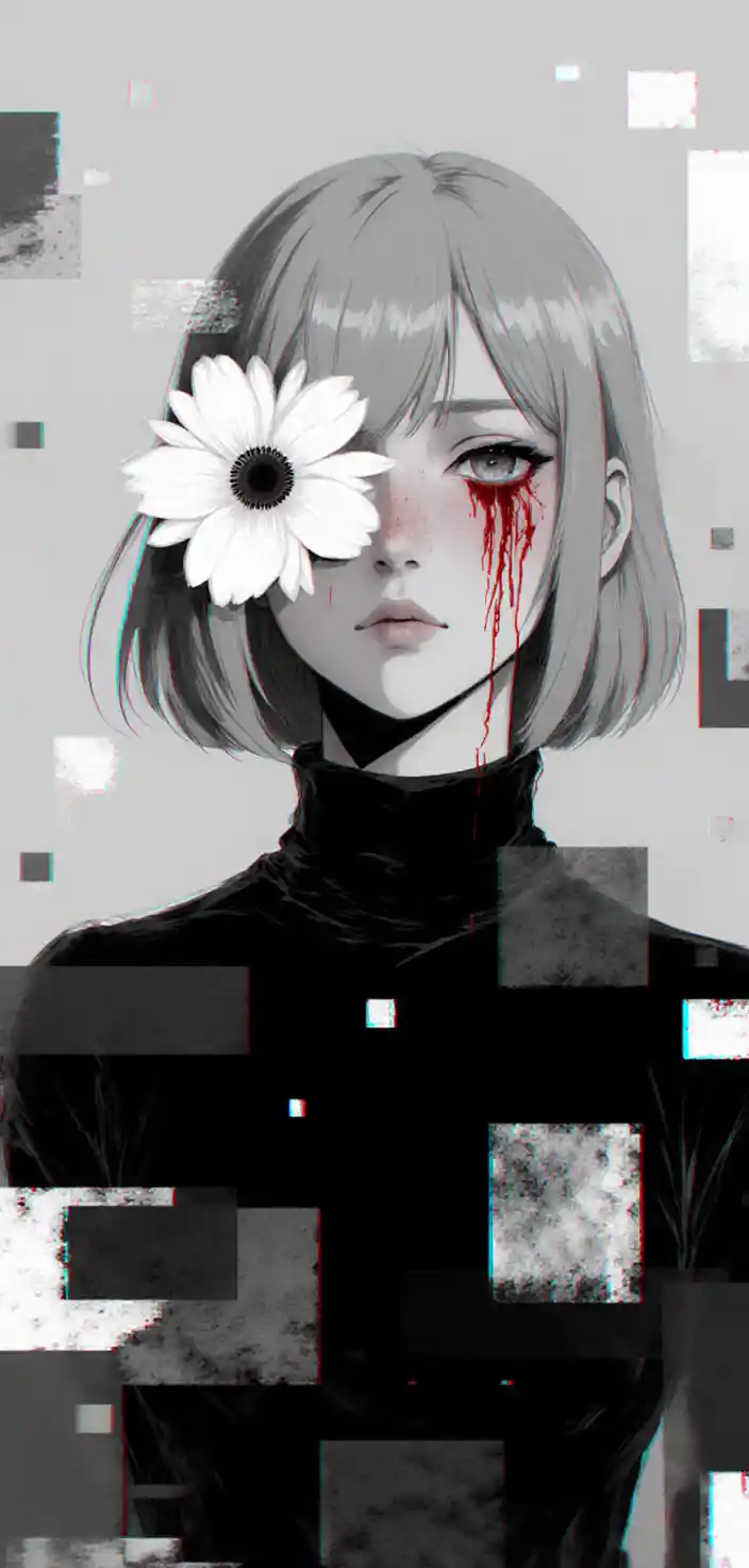 Retrato de garota de anime sombria com efeitos de glitch e flor