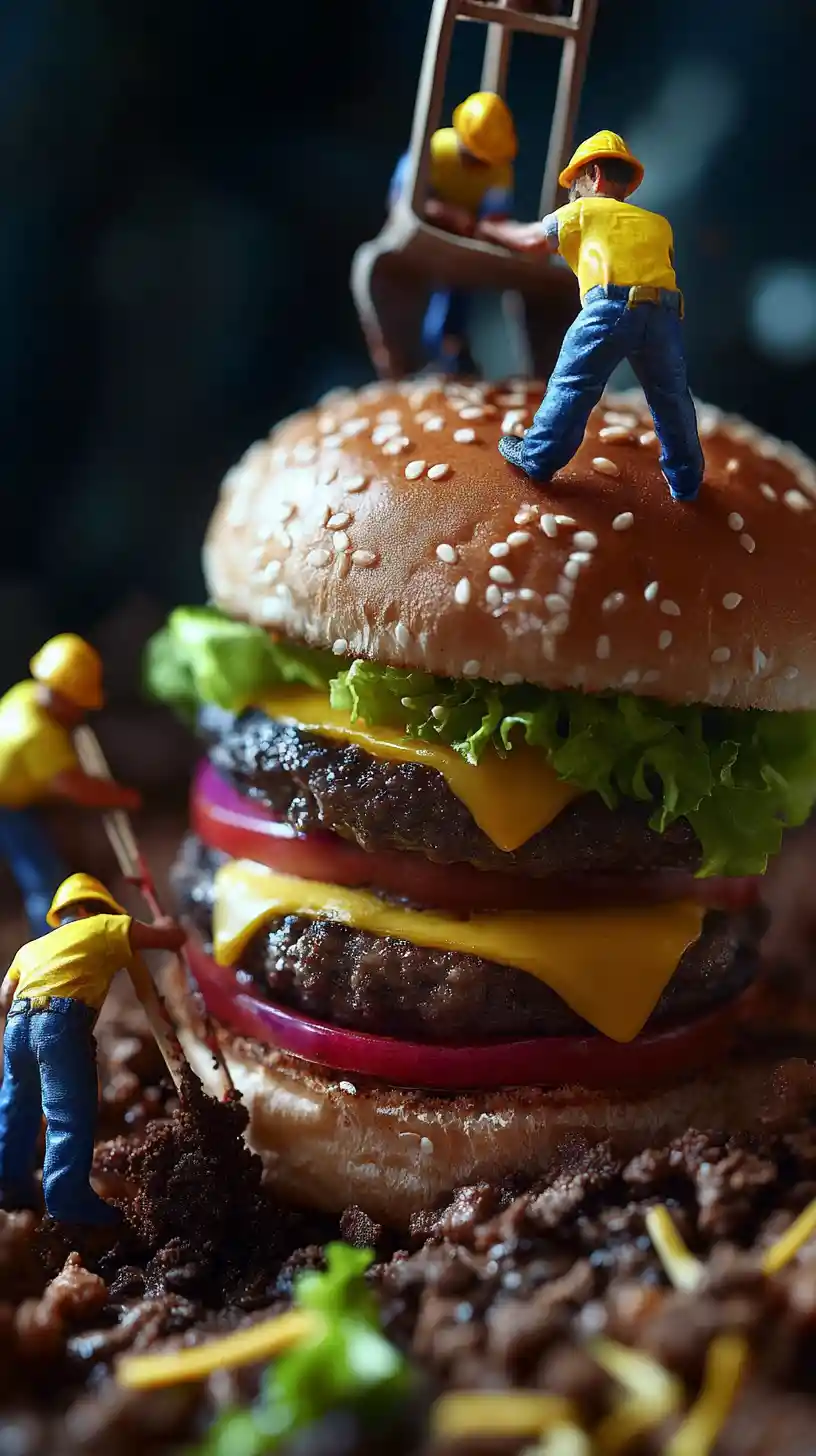 Ouvriers miniatures creusant dans un burger géant