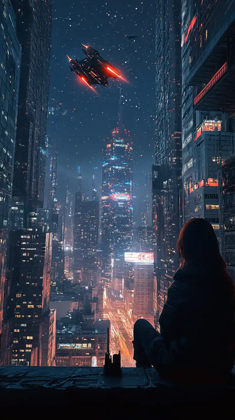 Young woman on city rooftop watching neon spaceship
