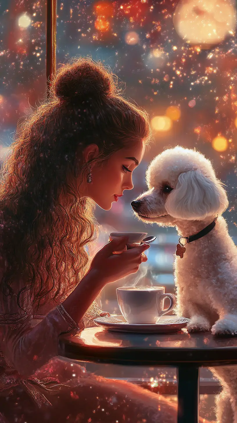Young woman and white poodle in a dreamy cafe scene