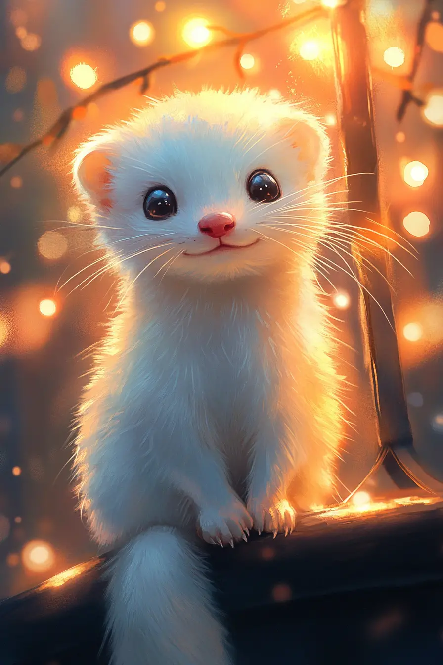 Cute white ferret in a playful digital illustration