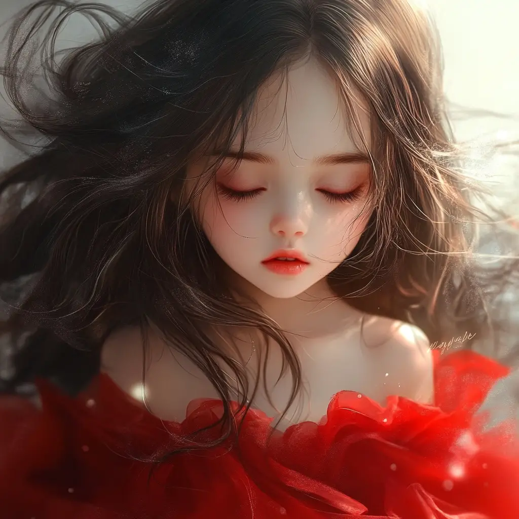 Shy 3D girl with messy brown hair in red dress