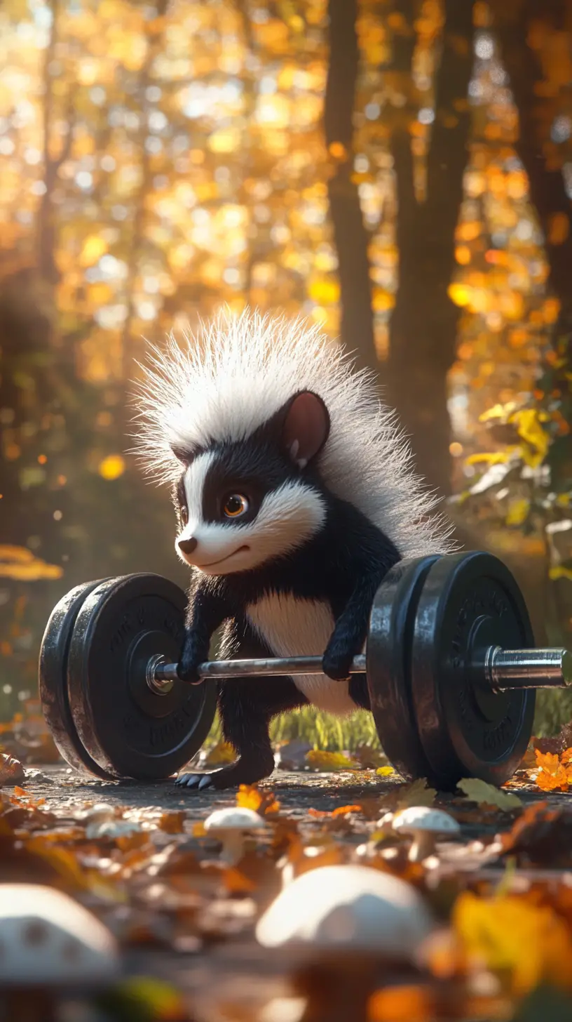Cute skunk deadlifting in a sunny autumn forest