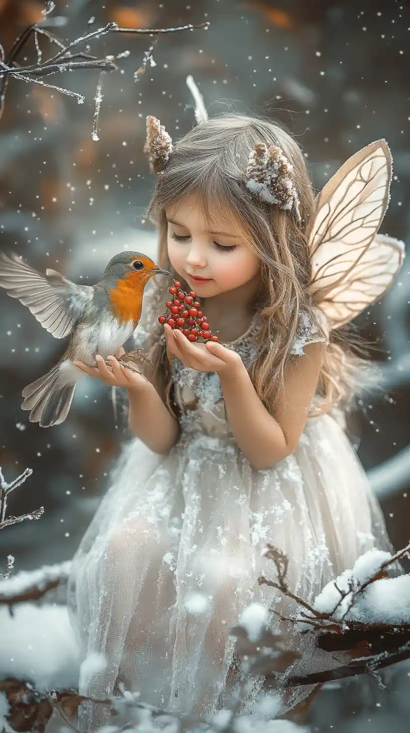Little fairy girl feeding a bird on snowy branch