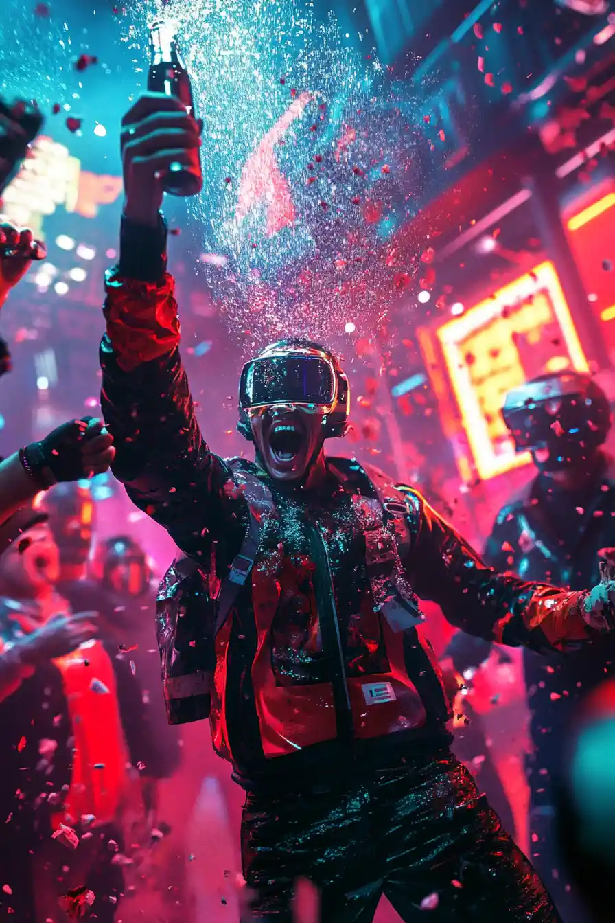 Victorious athlete celebrating with friends in neon city