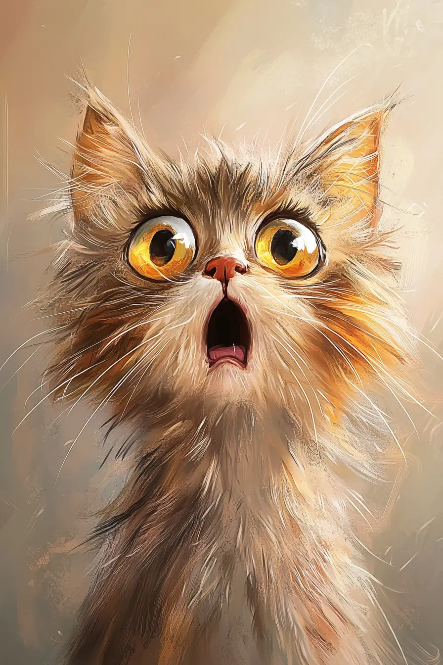 Shocked fluffy cartoon cat face with wide glossy eyes