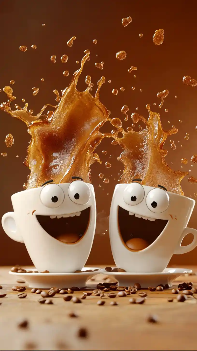 Playful cartoon coffee cups splashing with swirling coffee