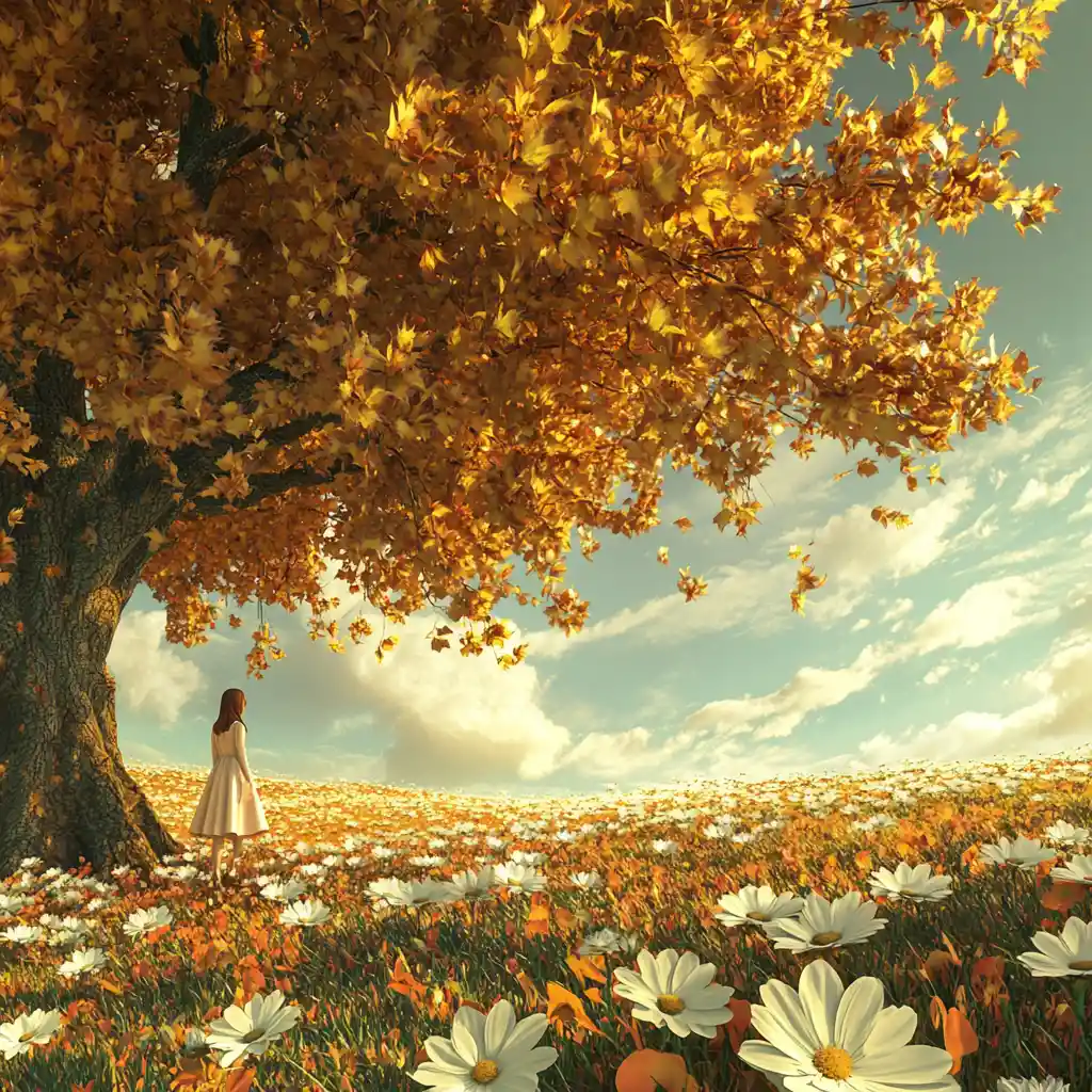 Girl resting by camellia tree in autumn field