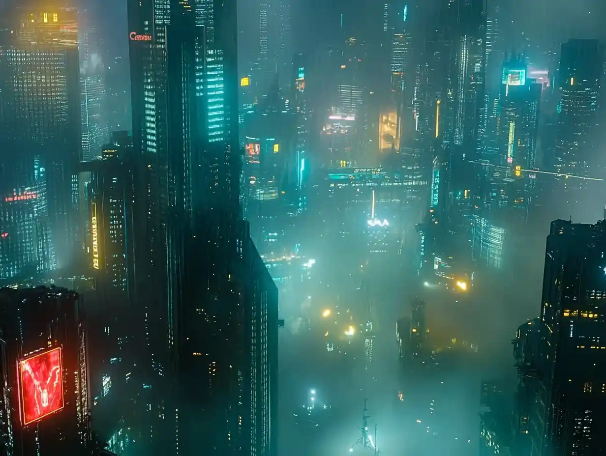 Futuristic dystopian city skyline at golden dawn