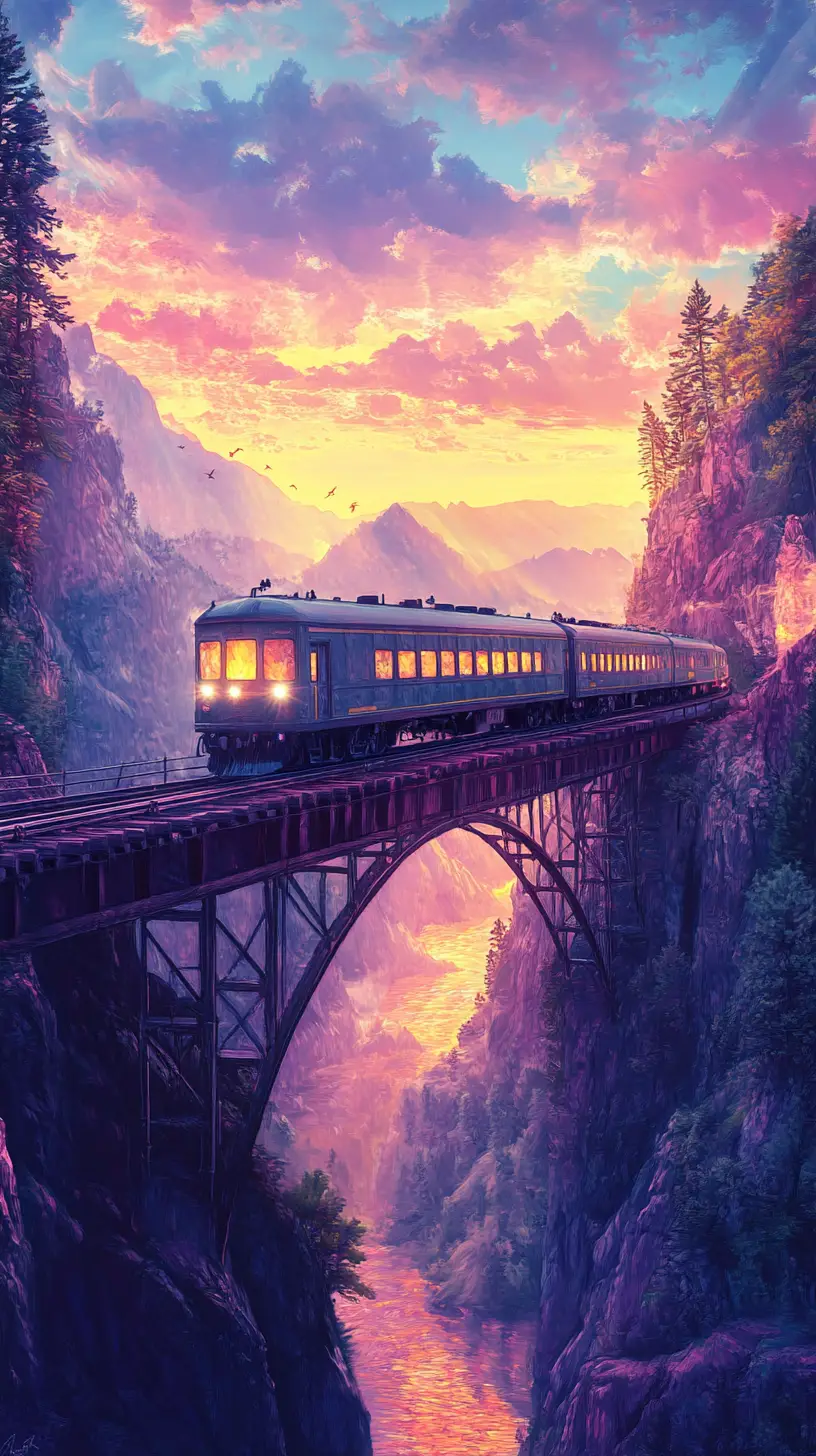 Colorful passenger train crossing mountain bridge in Colorado