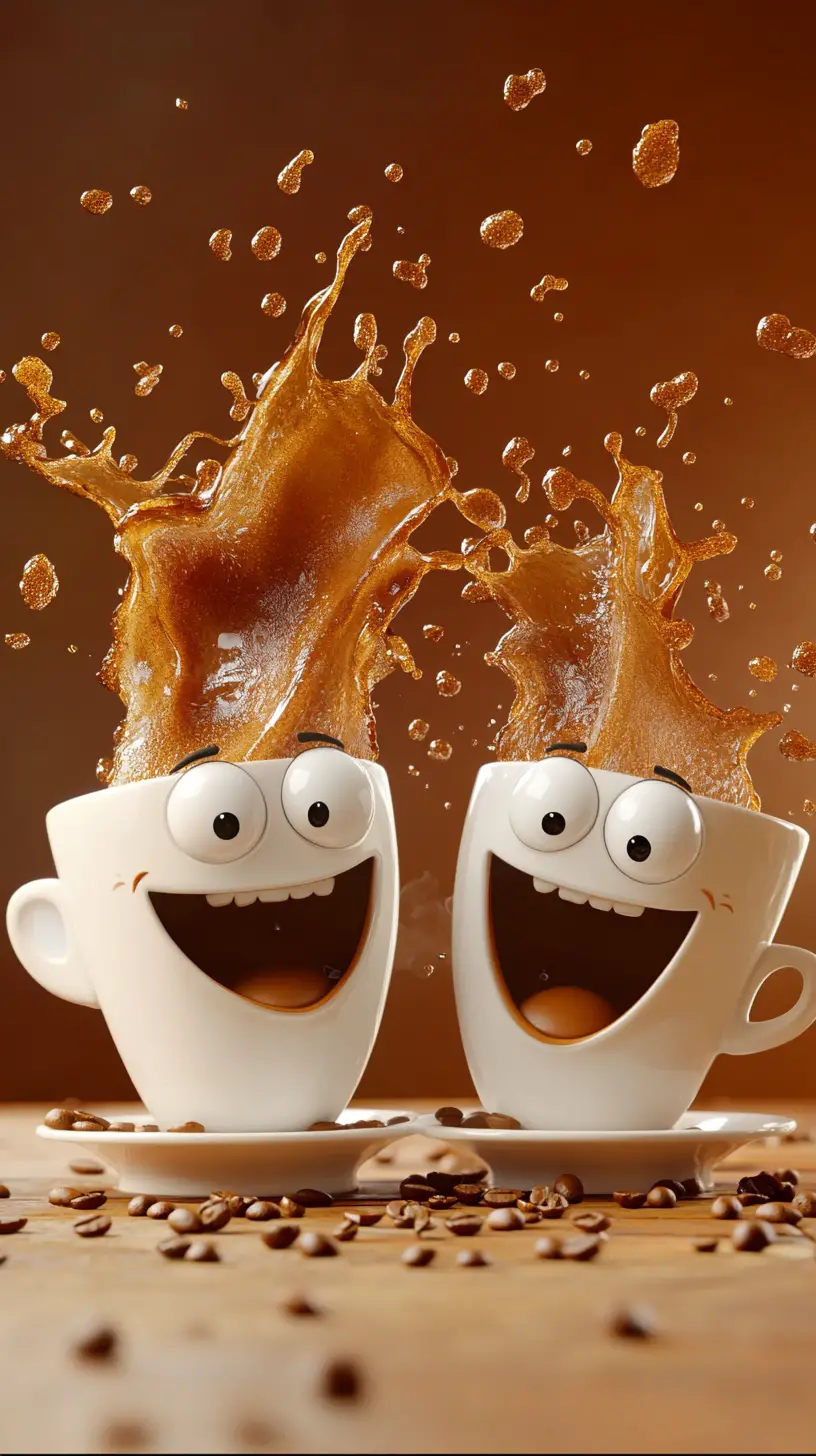Playful cartoon coffee cups splashing with swirling coffee