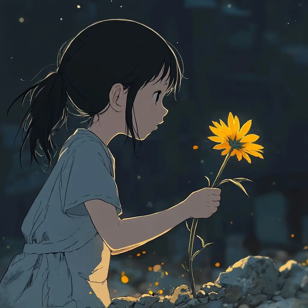 Pequeña chica de anime regando una solitaria flor amarilla