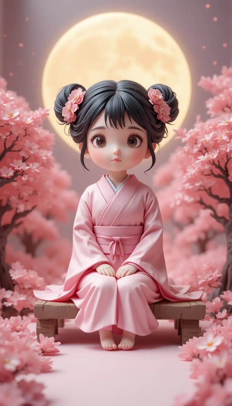 Cute Girl In Pink Kimono Under Cherry Blossoms
