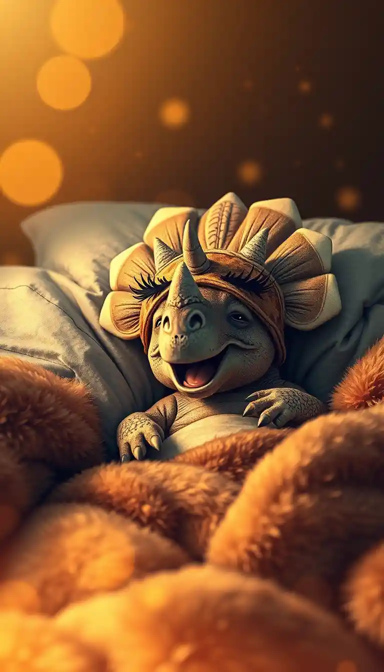 Baby triceratops resting in bed under warm ambient light